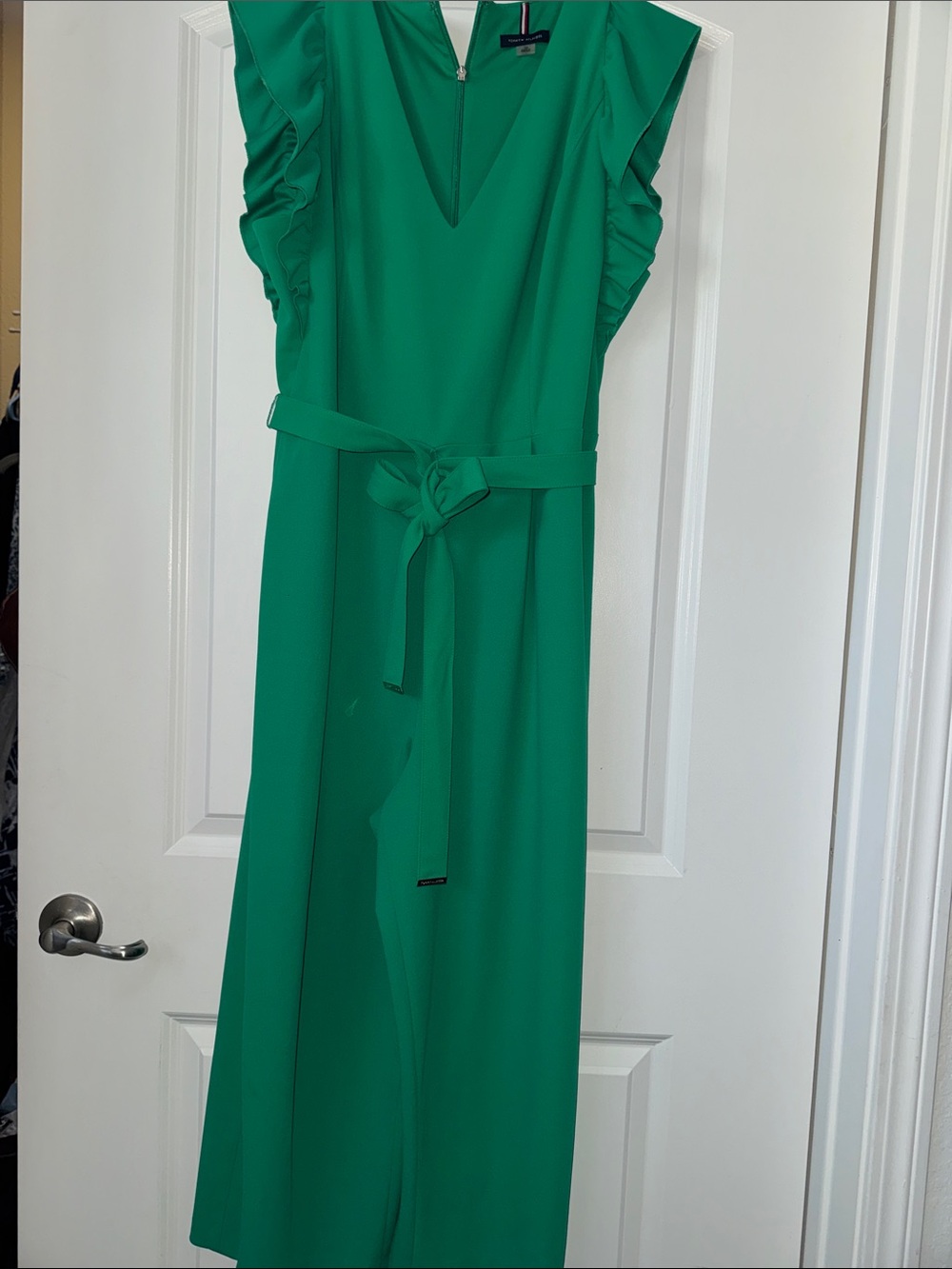 Green V-Neck Ruffle Sleeve Belted jumpsuit